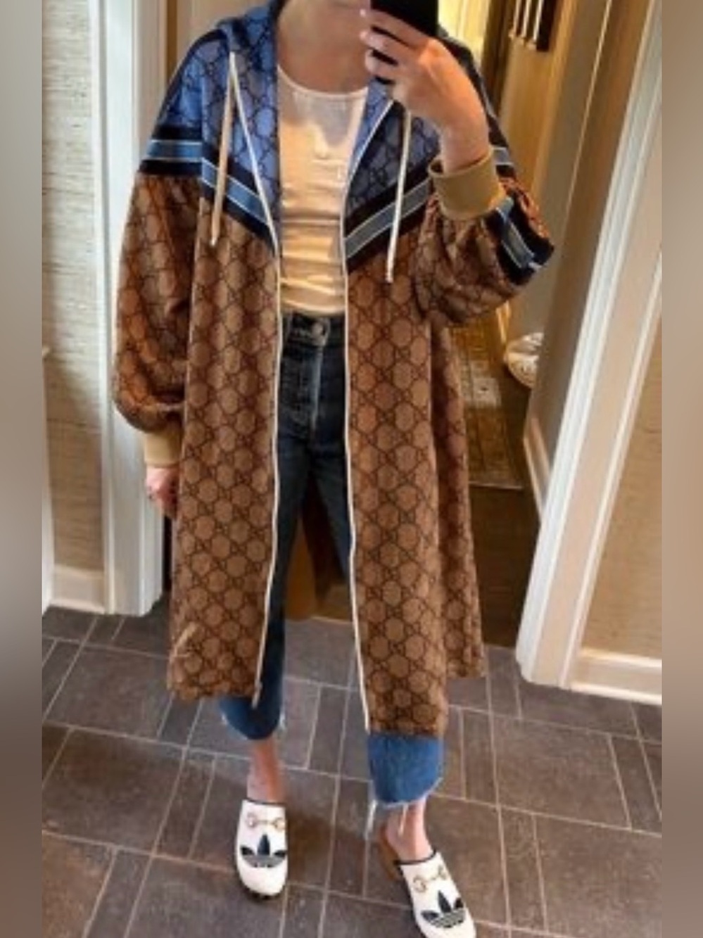 Gucci Brown Monogram Hooded jacket Coat with Blue Trim Size XXS OVERSIZED - Picture 3 of 9